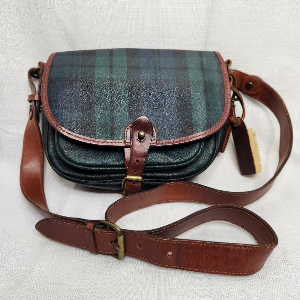 Polo Ralph Lauren Crossbody Bag Plaid Blue Green Vintage Leather Trim Saddle Bag